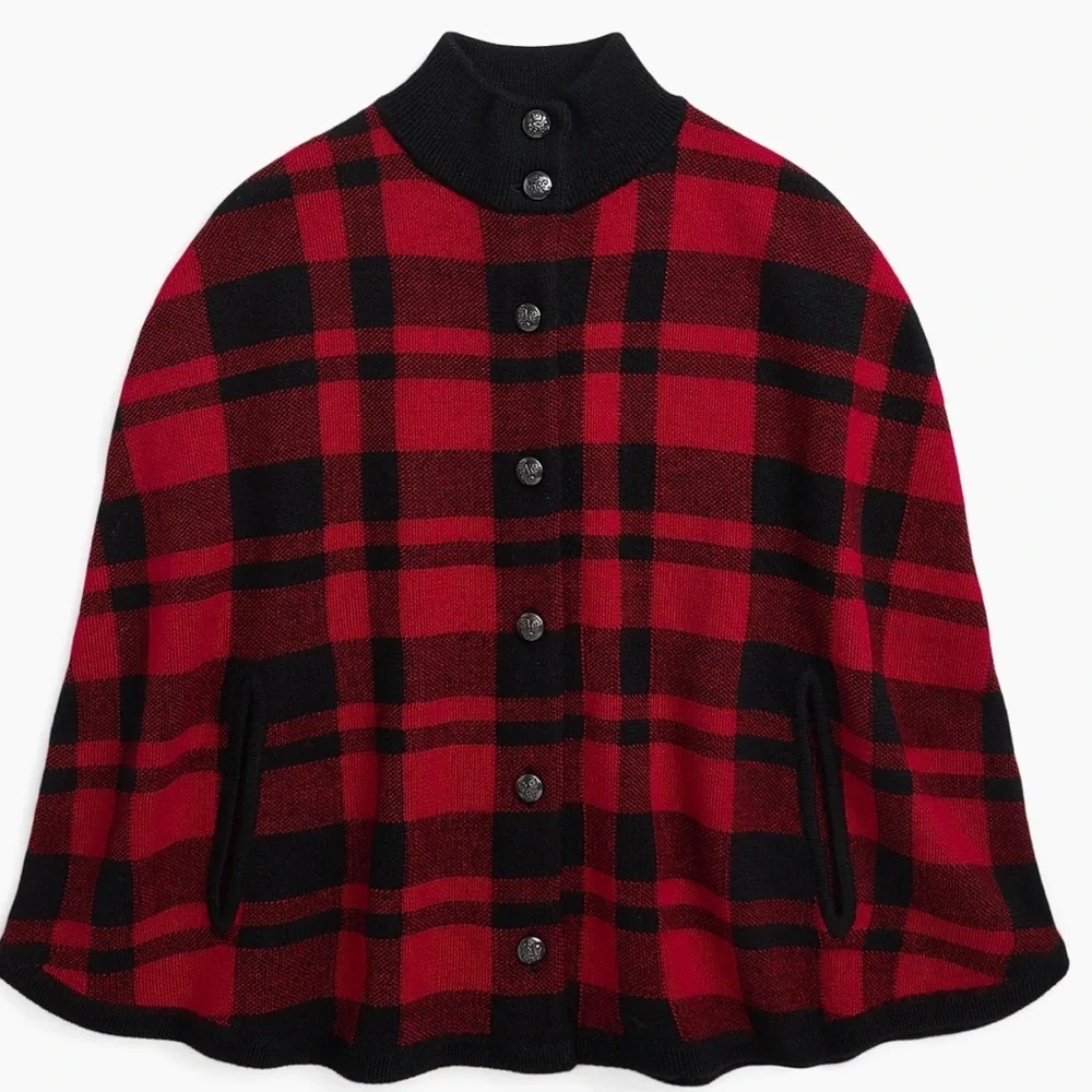 Polo Ralph Lauren baby Girls Plaid Wool cape Poncho Red Black Size 9-12 Mos